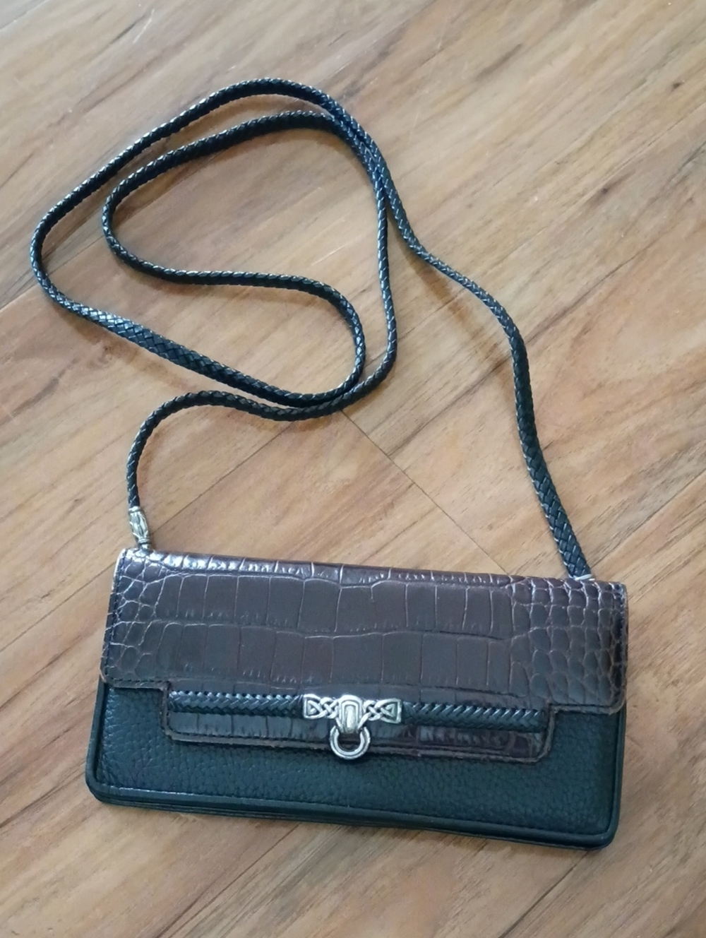 Brighton Black and Brown Croc-Trim Crossbody Wallet